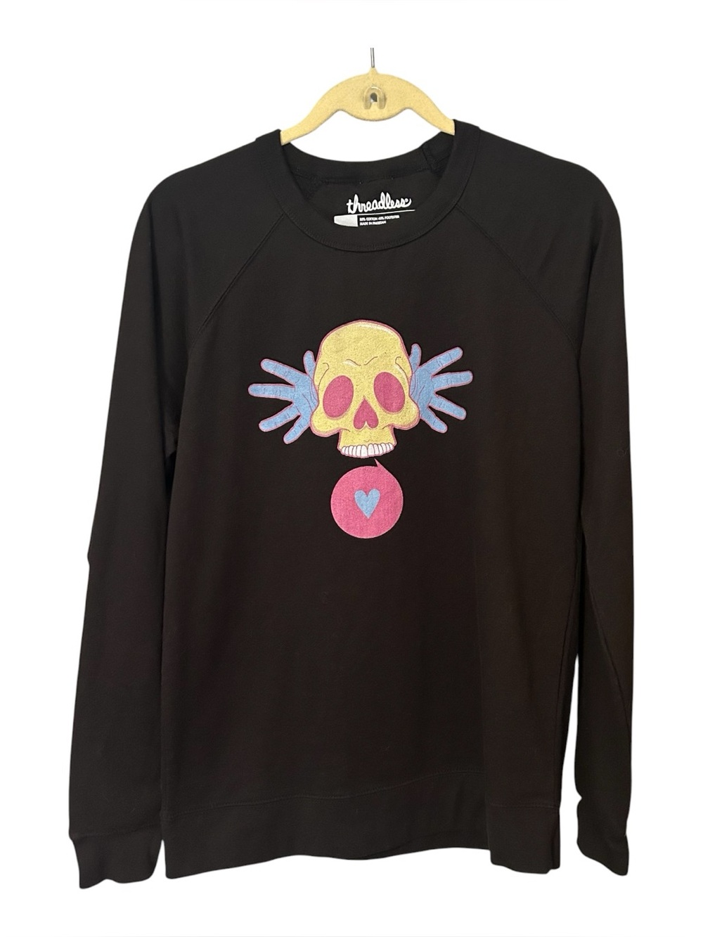 Threadless Black Sweatshirt with Yellow Skull and Pink & Blue Accents Size M